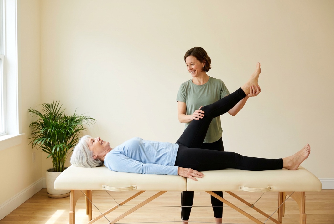 A practitioner guiding an assisted leg stretch for a woman lying on a treatment table in a bright room